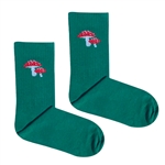 Green socks with a couple of toadstool mushrooms. They are made of 80% combed cotton. We like to be washed at a temperature of up to 86Â°F. We do not like dryers and dry cleaning.