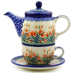 Polish Pottery 16 oz. Personal Teapot Set. Hand made in Poland and artist initialed.