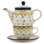 Polish Pottery 16 oz. Personal Teapot Set. Hand made in Poland and artist initialed.