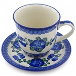 Polish Pottery 10 oz Cup with Saucer. Hand made in Poland and artist initialed.