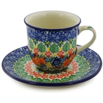 Polish Pottery 7 oz. Cup with Saucer. Hand made in Poland. Pattern U4865 designed by Maria Starzyk.
