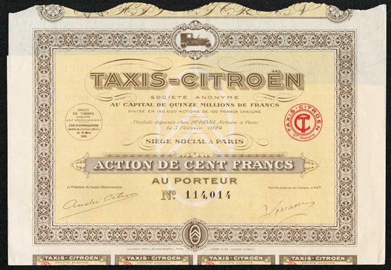 1924 Taxis Citroen, French Automobile Bond Certificate