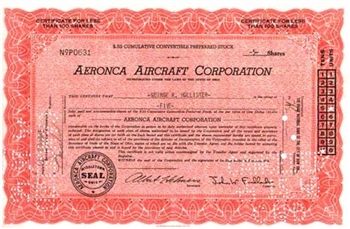 Aeronca Aircraft Corporation Stock Certificate