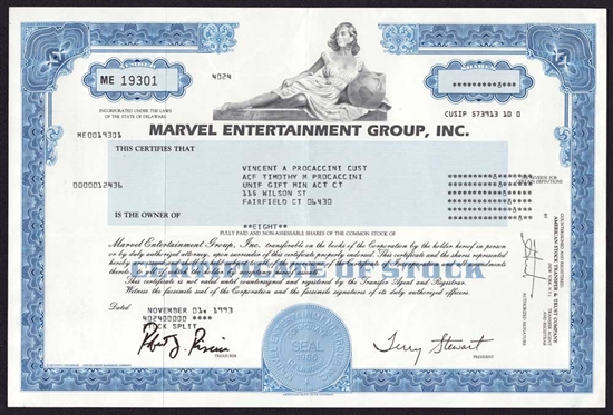 Marvel Entertainment Group Stock Certificate