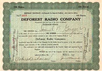 Deforest Radio Company Stock Certificate