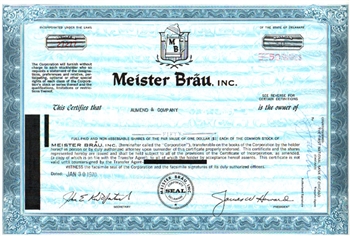 Meister Brau, Inc. Stock Certificate