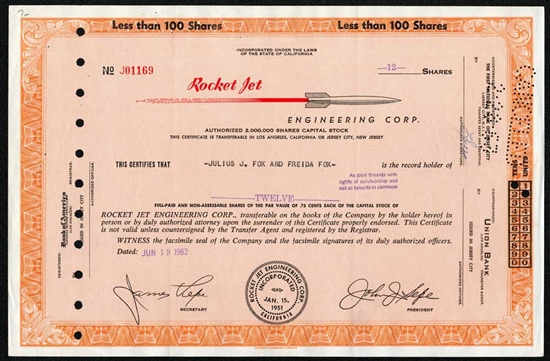 Rocket Jet Engineering Corp. Stock Certificate