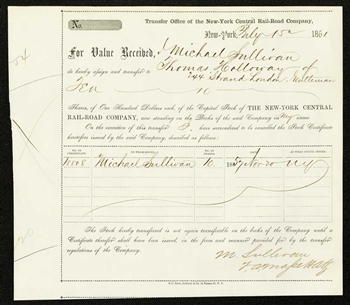 1861 New York Central Railroad Stock Transfer Receipt