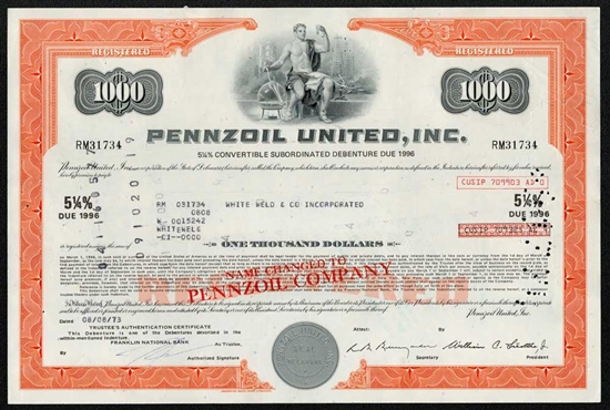 Pennzoil United, Inc. Stock Certificate