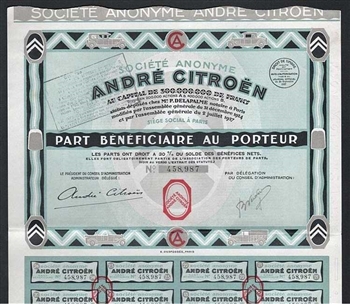 1927 Andre Citroen Bearer Bond Certificate