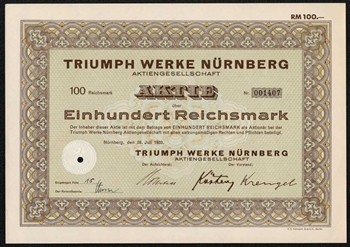 1933 Triumph Werke Nurnberg Certificate - Motorcycle Company