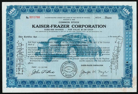 Kaiser-Frazer Corporation Stock Certificate