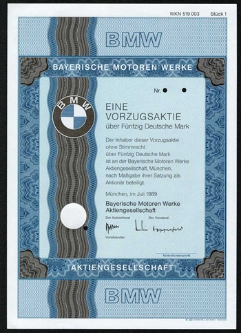 BMW Specimen Stock Certificate - German