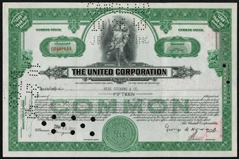 The United Corporation Stock Certificate - Issued to Bear Stearns 1937