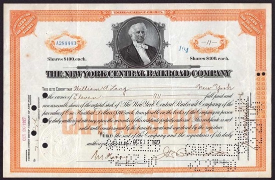 The New York Central Railroad Company Stock Certificate