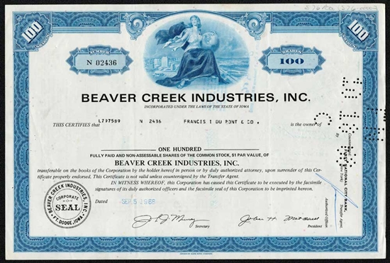 Beaver Creek Industries, Inc. Stock Certificate