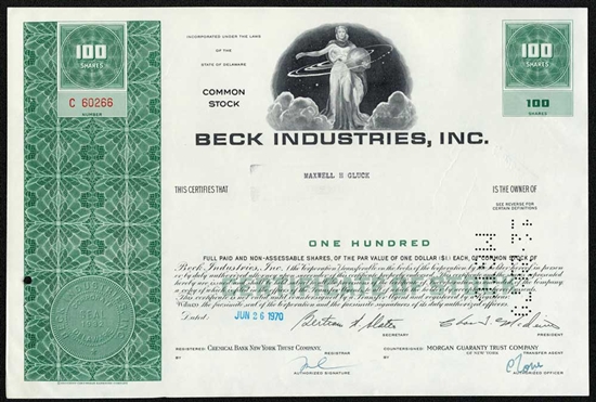 Beck Industries, Inc. Stock Certificate