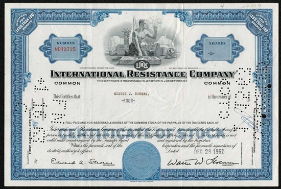 International Resistance Company Stock Certificate