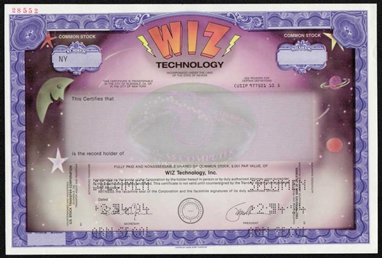 WIZ Technology Specimen Stock Certificate