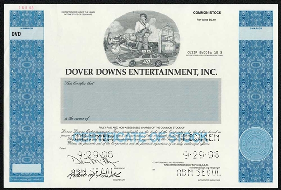 Dover Downs Entertainment, Inc. Specimen Stock Certificate