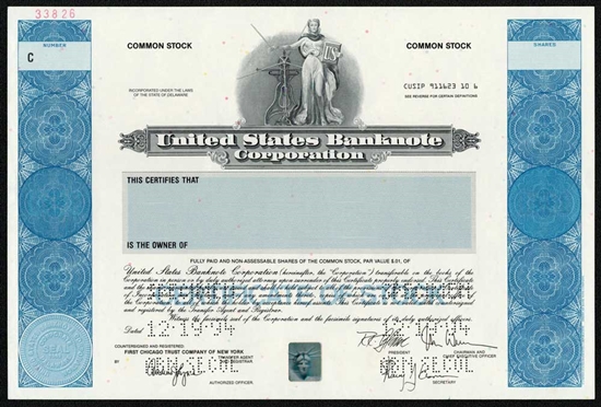 United States Banknote Corporation Specimen Stock Certificate