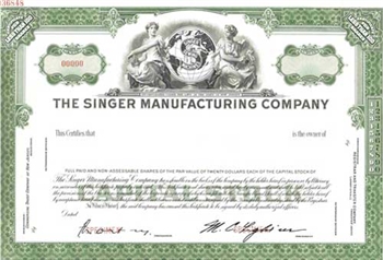 The Singer Manufacturing Company Specimen Stock Certificate