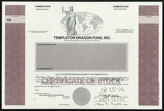 Templeton Dragon Fund, Inc. Specimen Stock Certificate