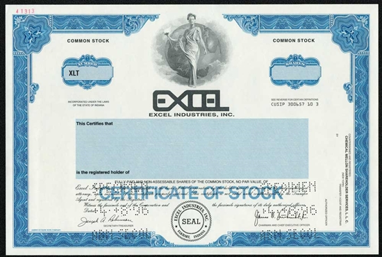 Excel Industries, Inc. Specimen Stock Certificate