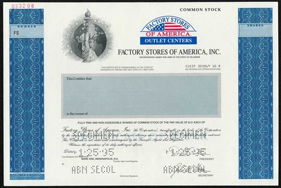 Factory Stores of America, Inc Specimen Stock Certificate