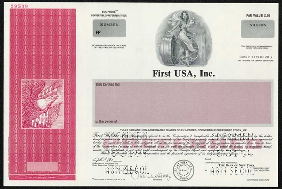 First USA, Inc. Specimen Stock Certificate