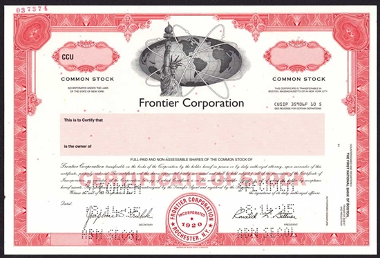 Frontier Corp Specimen Stock Certificate