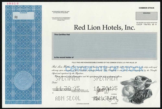 Red Lion Hotels, Inc. Specimen Stock Certificate