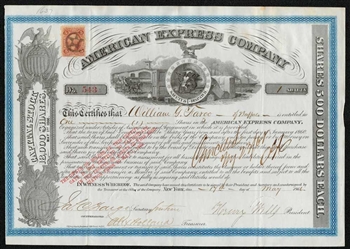 1866 American Express Co Issued to & Signed by William Fargo, Henry Wells, & J.C. Fargo