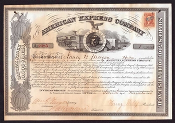 1865 American Express Co Stock Certificate Signed by William Fargo & Henry Wells