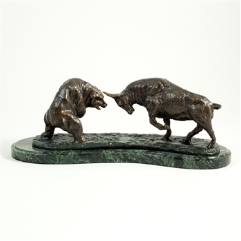 Charging Bull & Bear Fight Statue, Bronzed Sculpture on Marble Base