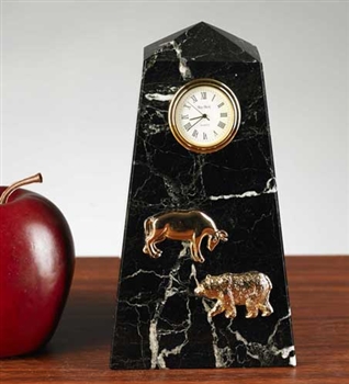 Stock Market Bull and Bear Desk Clock - Solid Black Marble