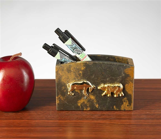 Stock Market Bull and Bear Pen and Pencil Holder -Marble