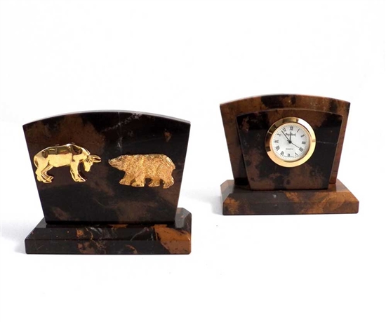 Stock Market Bull and Bear Desk Clock/ Letter Rack