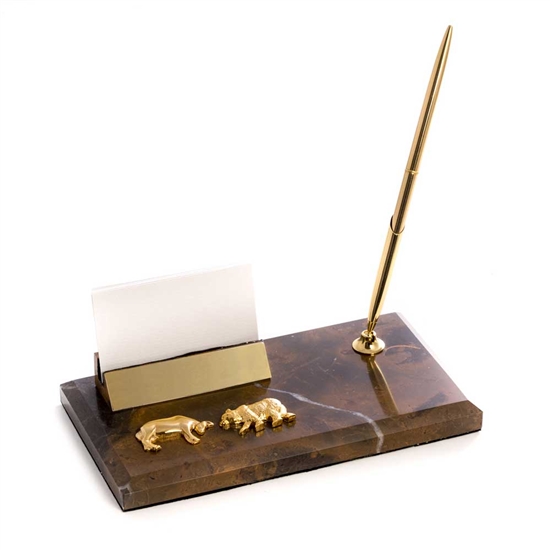 Stock Market Bull and Bear Business Card Holder w/Pen