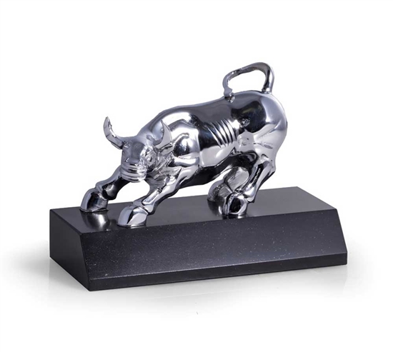 Chrome Plated, Brass Bull on Black Marble