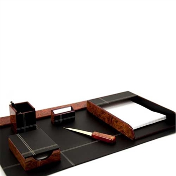 6 Piece Burl Wood Finish & Black Leather Desk Set