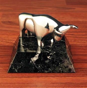 Chrome Stock Market Bull Statue on Marble - Paperweight