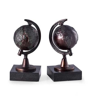 Revolving Globe Bookends with Bronzed Finish on Black Marble