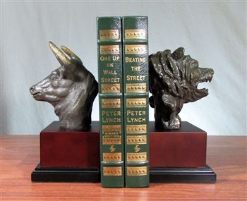 Stock Market Bronzed Bull and Bear Bookends on Wood