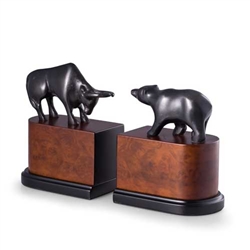 Wall Street Bronzed Brass on Burlwood Bull and Bear Bookends