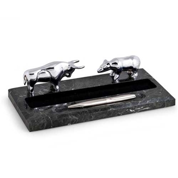 Silver Bull and Bear Pen Holder on Marble