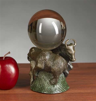 Bull and Bear Crystal Ball Holder Statue - Bronzed Sculpture