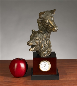 Stock Market Bull and Bear Clock, Bronzed Metal