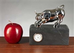 Chrome Plated Brass Stock Market Bull Clock on Black Marble