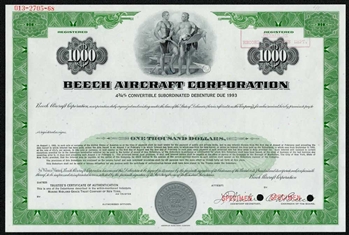 Beech Aircraft Specimen $1000 Note Certificate